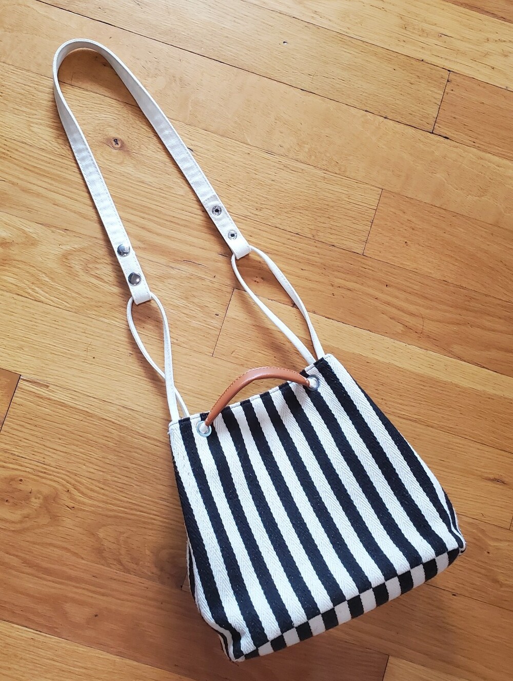 Striped Black and White Crossbody Tote Bag with Tan Handle